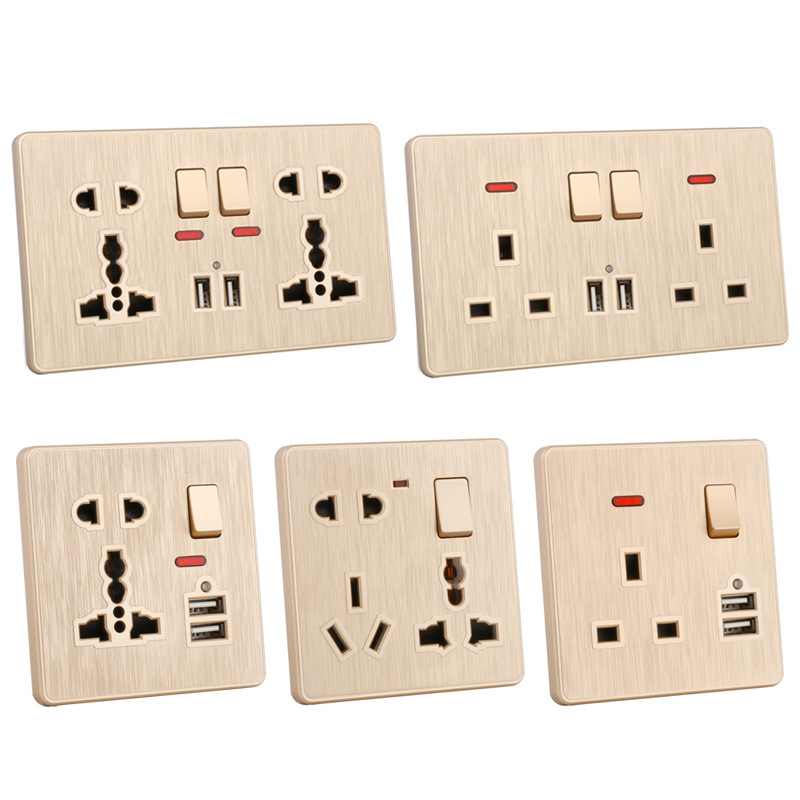 Brushed Gold British Standard Socket Panel 13A with Switch Dual USB One-Open Multi-Function Eight-Hole Wall Socket Manufacturer