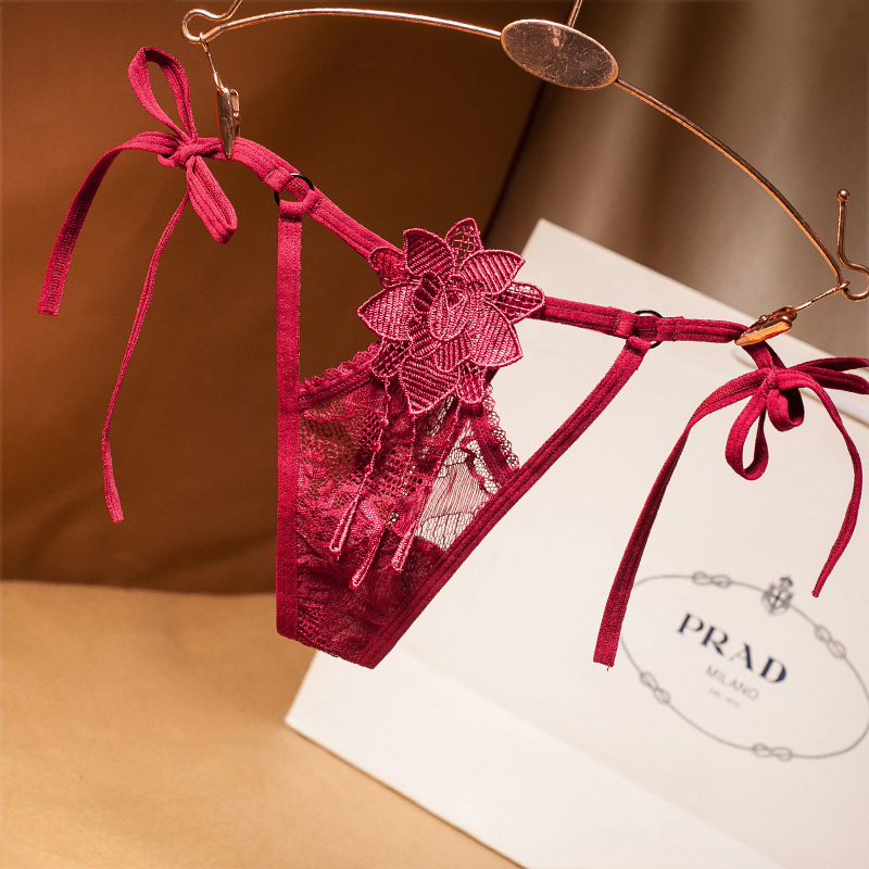 Light Luxury Side Strap Large Size Underwear Women's Transparent Lace-Up Hollow Hot T-Pants Low Waist G-string 2218