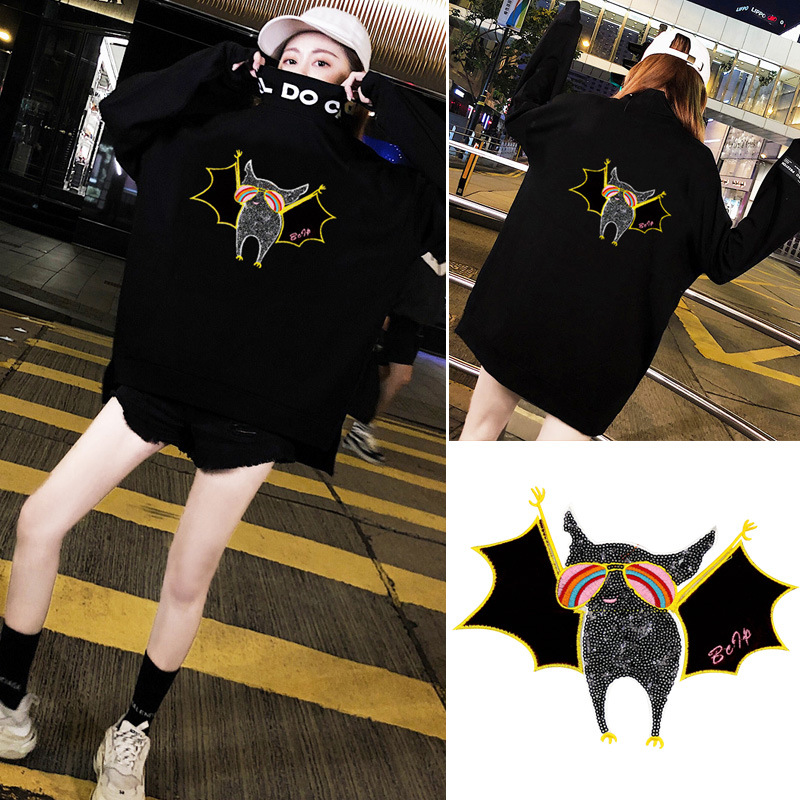 大号刺绣亮片蝙蝠图案布贴 衣服T恤补丁贴服装辅料装饰修补破洞贴