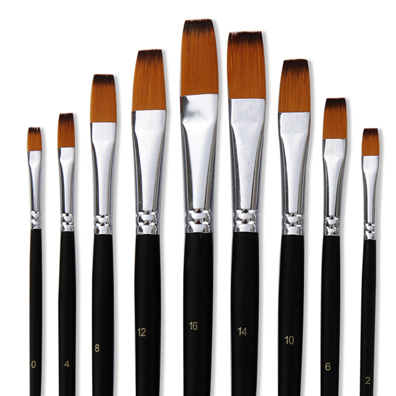 Venta directa de fábrica de 9 pinceles de punta plana de nailon con mangos de madera negros brillantes, pinceles para pintura al óleo, herramientas de pintura duraderas.