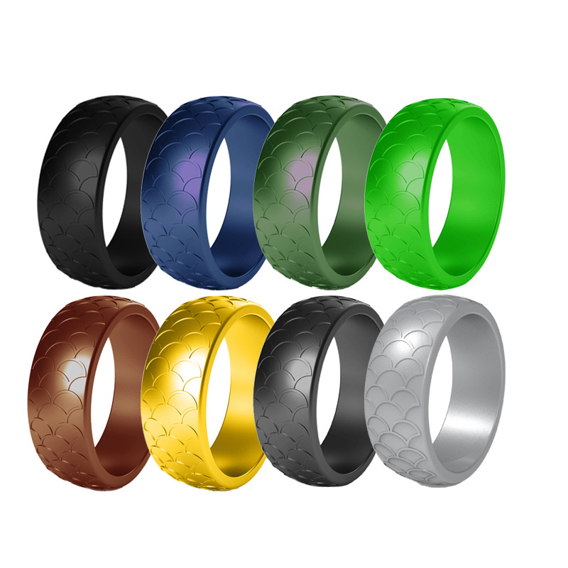 New fish scale pattern silicone ring men's outdoor sports silicone ring Europe and the United States Ring 8 color set