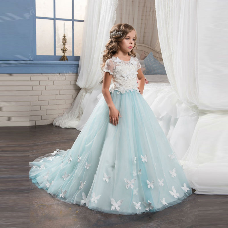 Transfronteriza europea y americana Comercio exterior nueva manga corta de encaje princesa estilo rendimiento bola arco flor niña vestido de novia vestido esponjoso