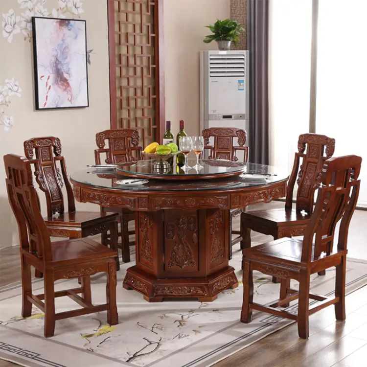 全实木圆形餐桌椅组合家用餐厅饭桌新中式雕花大圆桌明清仿古家具