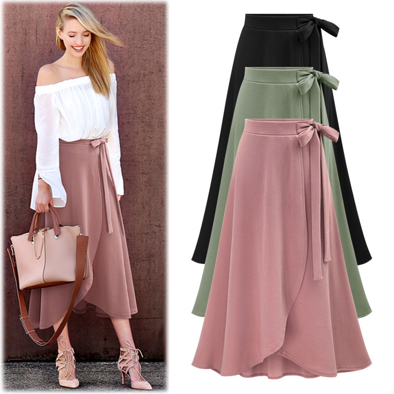 2020 New Solid Color High Waist Irregular Skirt Split Skirt European and American Large Size Mid-length Strap Women's Skirt
