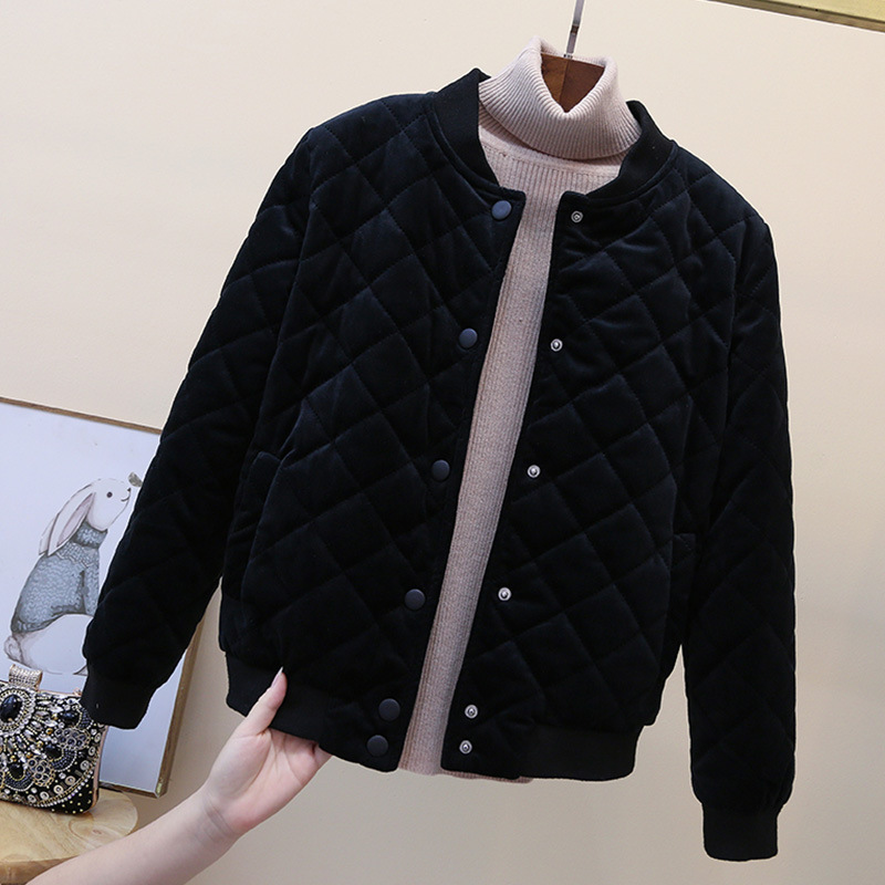 Chaqueta de béisbol acolchada de algodón estilo coreano para mujer, invierno 2025, corta, estilo Harajuku, de terciopelo dorado grueso.