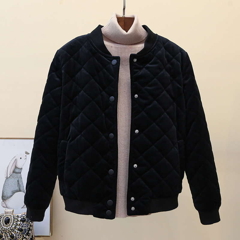 Chaqueta de béisbol acolchada de algodón estilo coreano para mujer, invierno 2025, corta, estilo Harajuku, de terciopelo dorado grueso.
