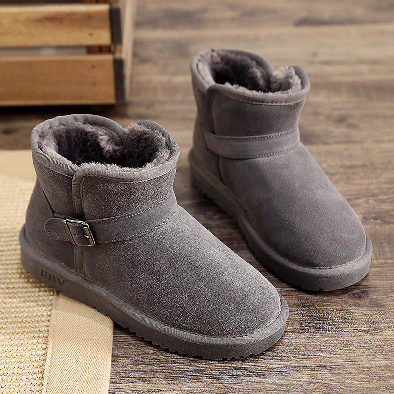 New cowhide snow boots women's short boots thick fur one non-slip bread shoes cotton shoes_voghion.com