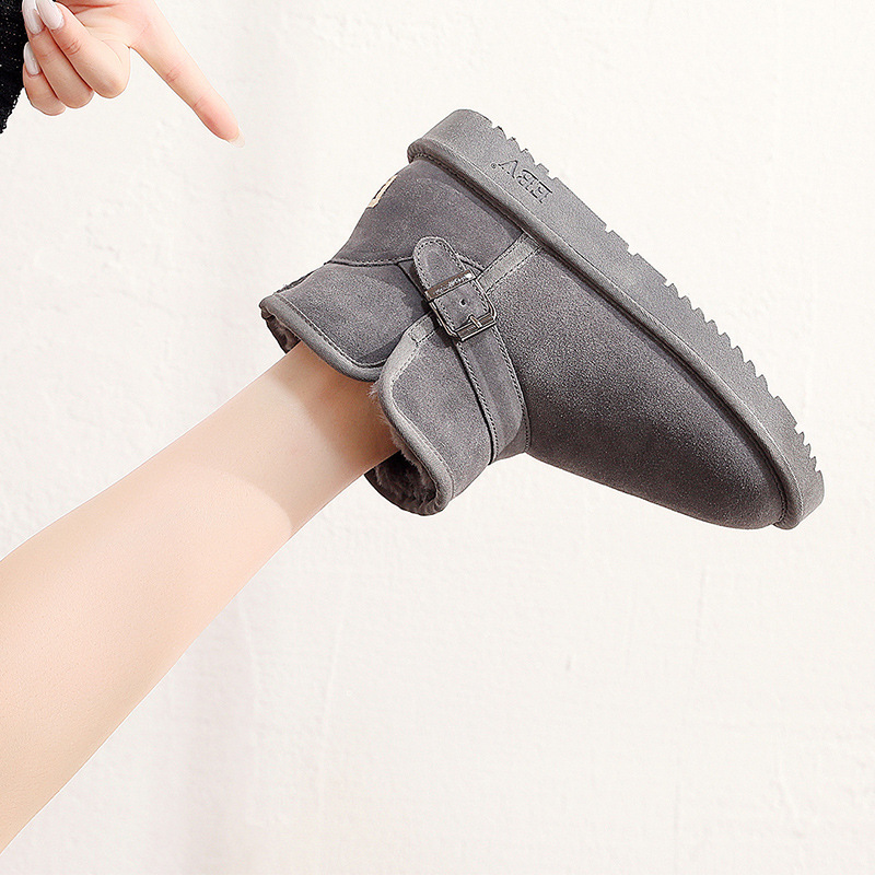 New cowhide snow boots women's short boots thick fur one non-slip bread shoes cotton shoes_voghion.com