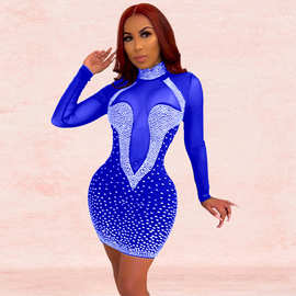 跨境新品wish速卖通亚马逊欧美女装烫钻性感网纱夜店连衣裙 H3281