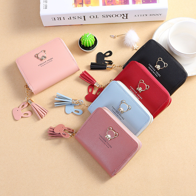 2025 Japanese and Korean Version of Tassel Small Wallet Women's Short Cute Bear Zipper Student Coin Purse Mini Small Bag Card Holder