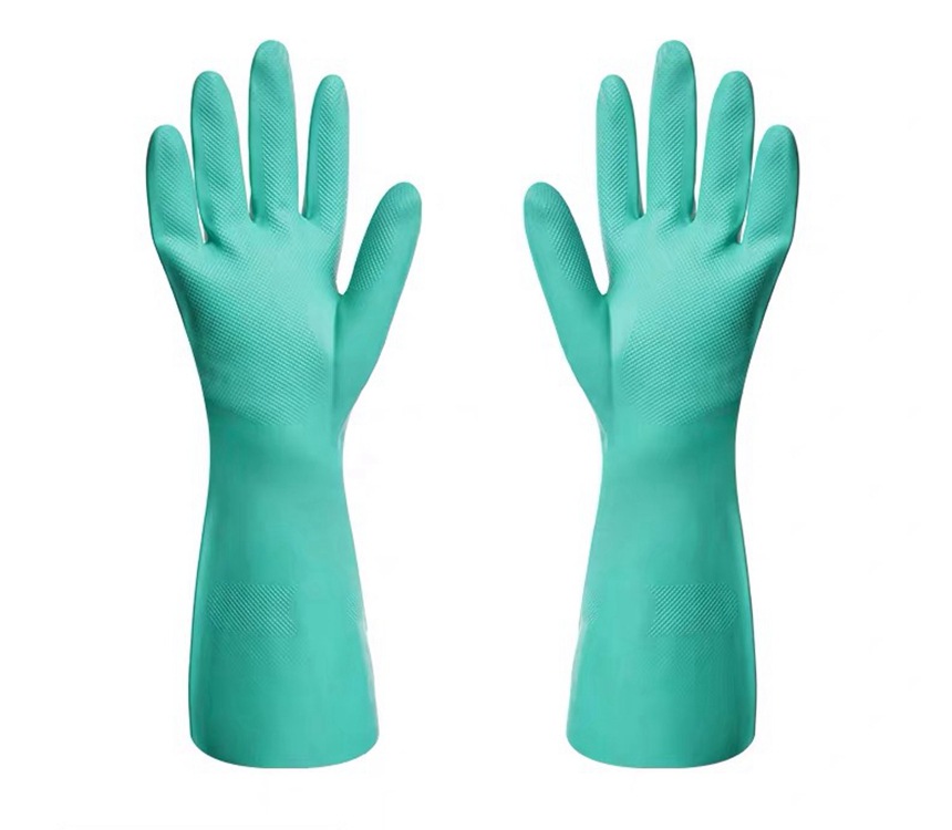 绿色丁腈橡胶绒里防化手套工业劳保防滑耐油耐酸碱nitrile gloves