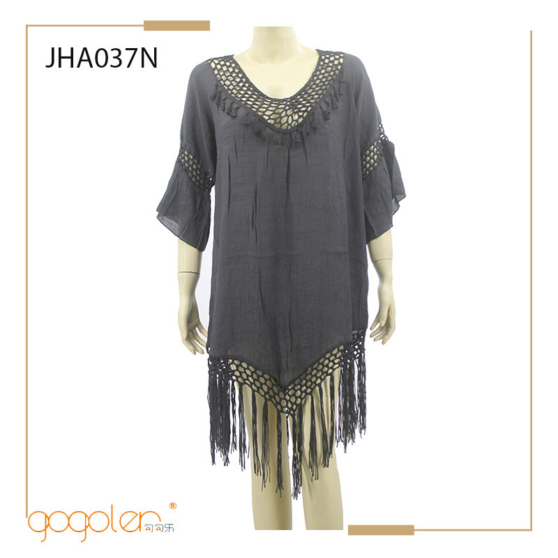 New European and American foreign trade women's hand hook hollow backless tassel blouse casual hand hook hollow backless pullover blouse