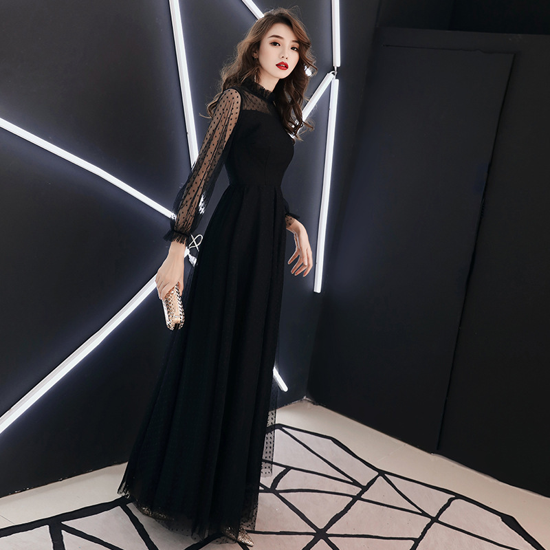 Vestido de noche negro para mujer, nuevo estilo 2025, elegante para banquetes, vestido largo de manga larga con temperamento elegante para reuniones de sociedad