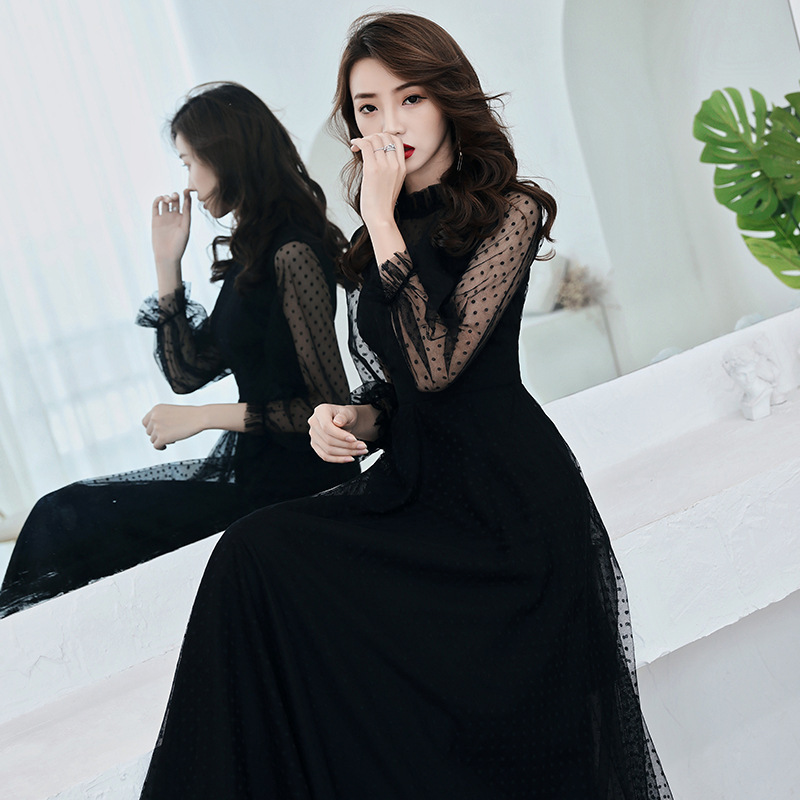 Vestido de noche negro para mujer, nuevo estilo 2025, elegante para banquetes, vestido largo de manga larga con temperamento elegante para reuniones de sociedad