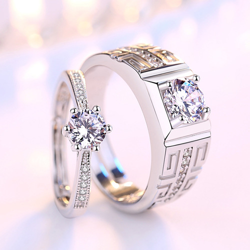 Cross-border pattern six-claw open ring couple ring for men and women six-claw wedding ring live ring jewelry factory supply