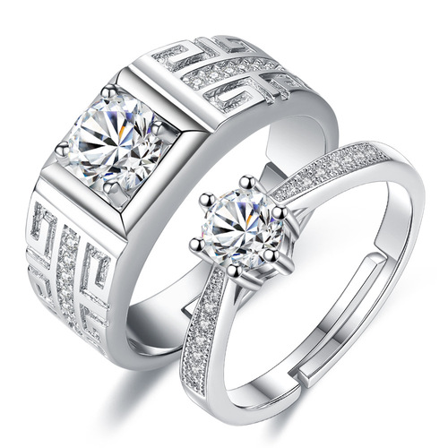 Cross-border pattern six-claw open ring couple ring for men and women six-claw wedding ring live ring jewelry factory supply