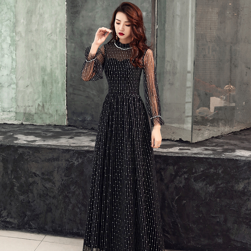 Vestido de noche negro para mujer, nuevo estilo 2025, elegante para banquetes, vestido largo de manga larga con temperamento elegante para reuniones de sociedad