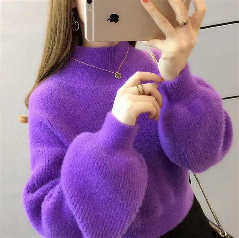 2025 Short Student Korean Style Sweater Women's New Spring, Autumn and Winter Lantern Sleeves Loose Outer Wear Half Turtleneck Bottoming Knitted