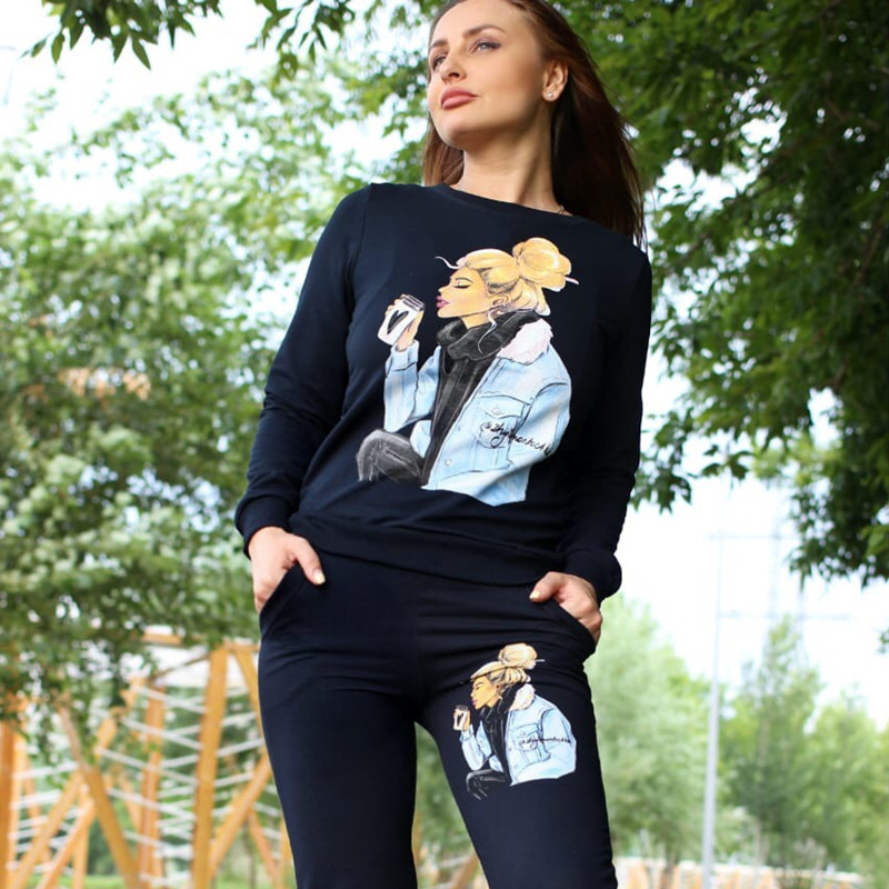 Europe and the United States cross-border women's autumn and winter New coat figure printed long sleeve sweater suit ebay Amazon WISH