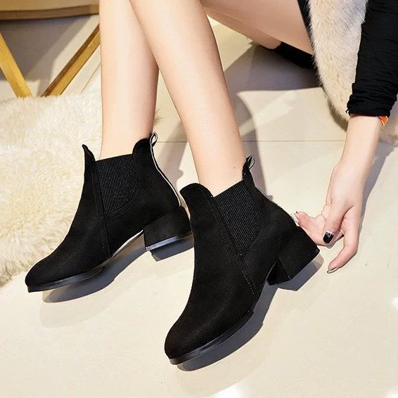 Ботинки Челси женские 2019 новые британские студенческие европейские и американские ботинки с квадратным носком на среднем каблуке на толстом каблуке с замшевыми рукавами размер 41