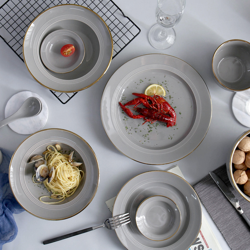 Hogar Nordic borde dorado de cerámica comer tazón grande plato de sopa de fideos plato de arroz negro y gris vajilla