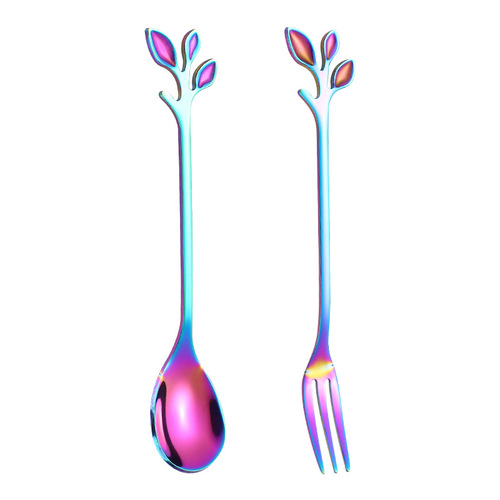 Creative leaf spoon, stainless steel coffee spoon, Nordic simple mixing spoon, golden stainless steel spoon, European style small spoon and fork