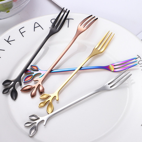 Creative leaf spoon, stainless steel coffee spoon, Nordic simple mixing spoon, golden stainless steel spoon, European style small spoon and fork