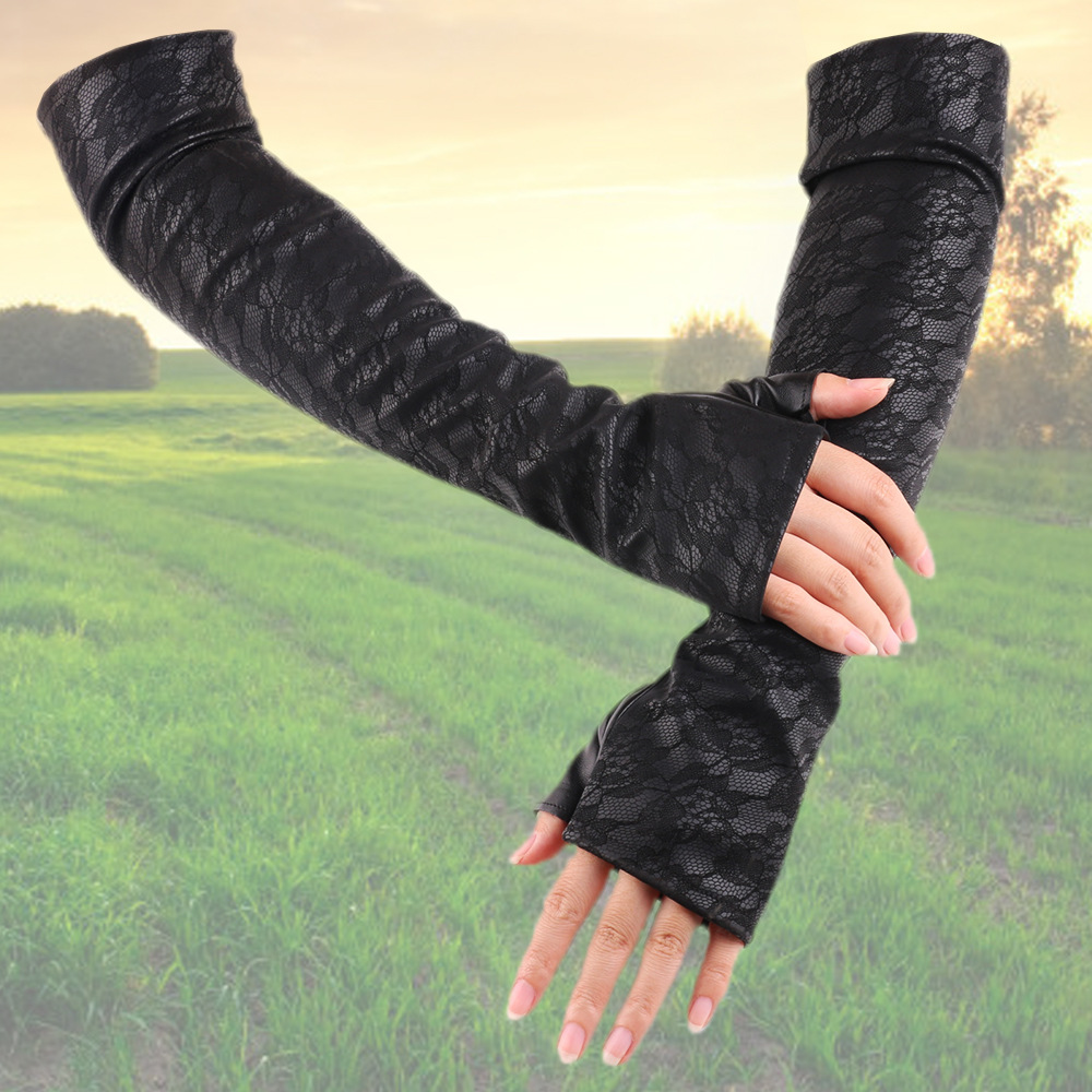 Nueva moda extendida guantes de encaje largo 40cm medio dedo etiqueta baile bola discoteca rendimiento guantes de cuero