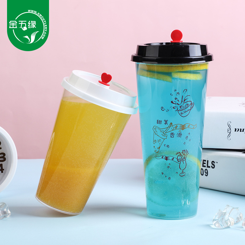 Золотые пять краев 360/500/700/1000ml одноразовые пластиковые чашки прозрачные молочные чашки с литьем чая для напитков с крышкой