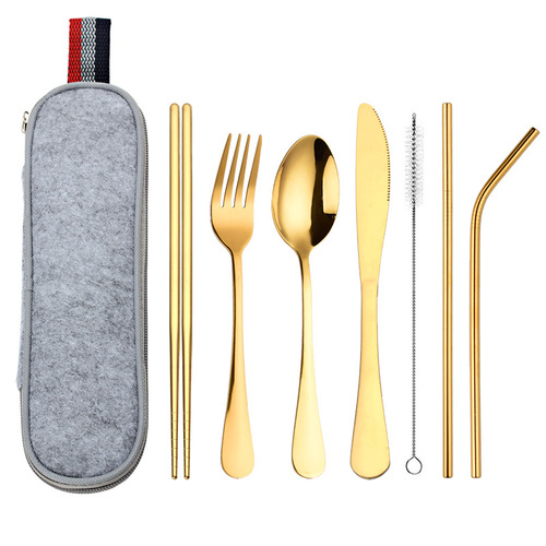 Amazon Cross-border 410 stainless steel knife fork spoon 304 straw chopsticks travel portable bag outdoor tableware set