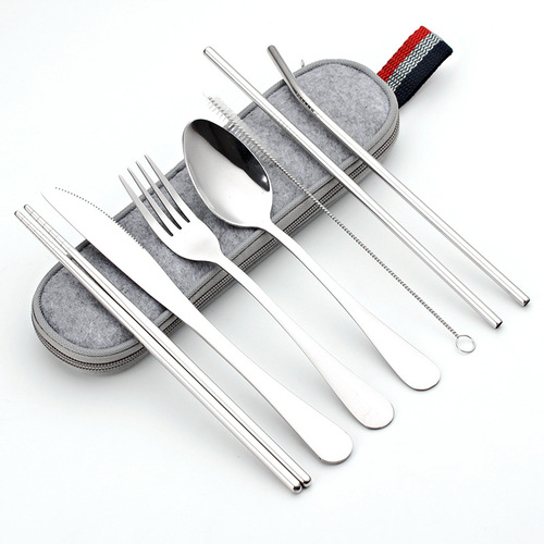 Amazon Cross-border 410 stainless steel knife fork spoon 304 straw chopsticks travel portable bag outdoor tableware set