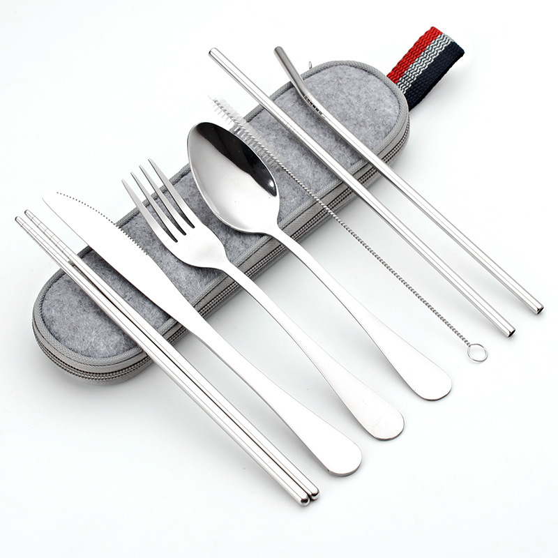 Amazon Cross-border 304 Stainless Steel Knife and Fork Spoon Straw Chopsticks Travel Carrying Case suit Outdoor Tableware