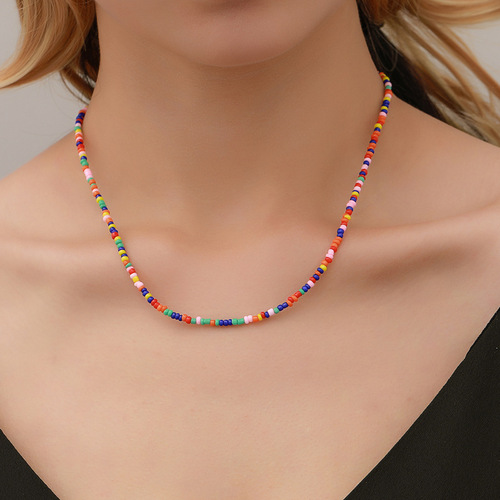 Ethnic Style Fashion Beaded Necklace with Colorful Millet Beads, Summer Beach Lockchain, Bohemian Short Length Choker