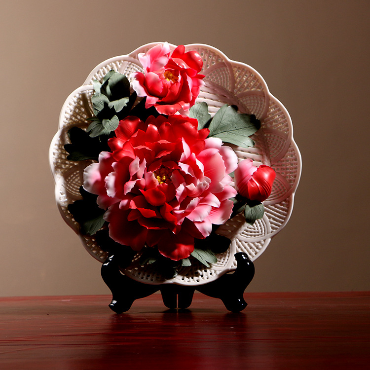 徳化手作り花卉掛け工芸品洛陽牡丹花陶磁器花盤創意客間装飾置物