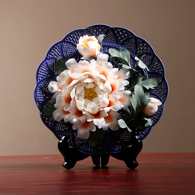 徳化手作り花卉掛け工芸品洛陽牡丹花陶磁器花盤創意客間装飾置物