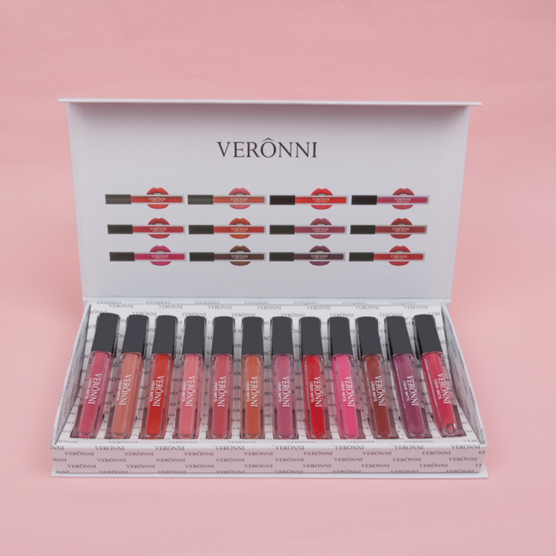VERONNI Bellini 12 Matte Non-stick Cup Lip Gloss Chocolate Flavor Lipstick Gift Set Lip Glaze Fog Surface