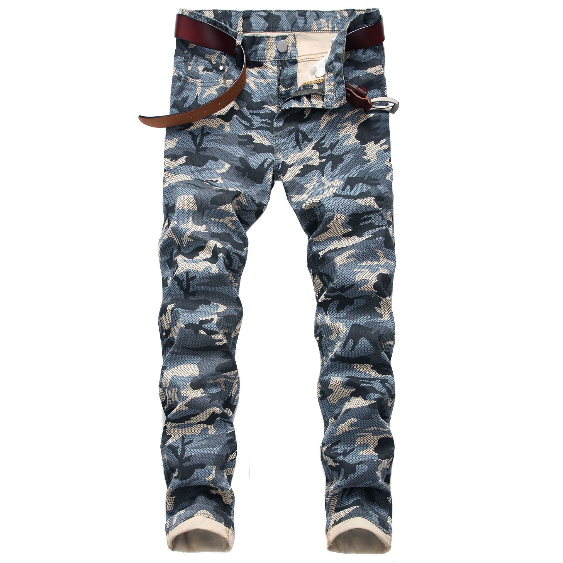 Oferta transfronteriza pantalones vaqueros de camuflaje de los hombres de la personalidad de los hombres Slim stretch ejército verde impreso pantalones Casuales