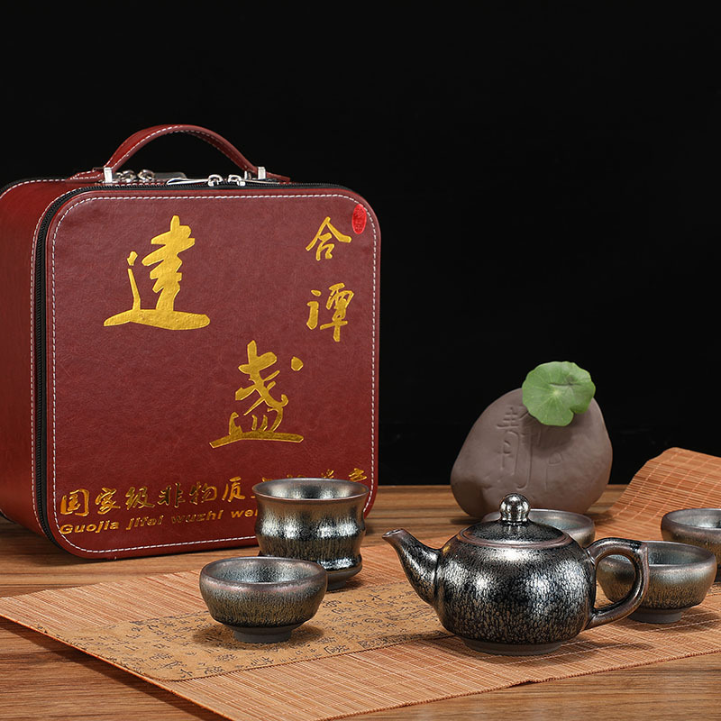 厂家专20年pu皮质建盏茶具礼品盒皮革茶壶茶杯茶具礼盒包装盒LOGO
