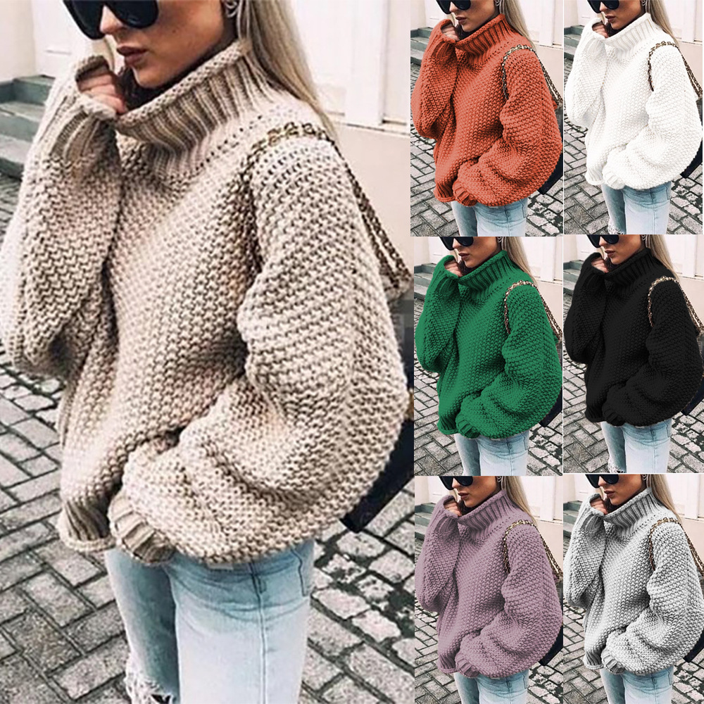 Suéter de punto grueso nuevo para mujer, estilo europeo y americano, otoño/invierno 2026, superventas en Amazon, con cuello alto y manga murciélago con borde enrollado.