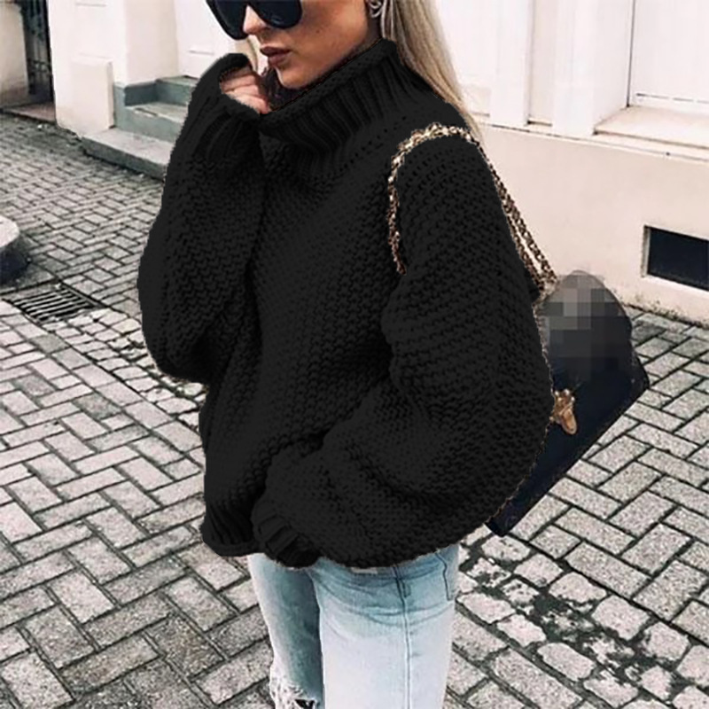 Suéter de punto grueso nuevo para mujer, estilo europeo y americano, otoño/invierno 2026, superventas en Amazon, con cuello alto y manga murciélago con borde enrollado.