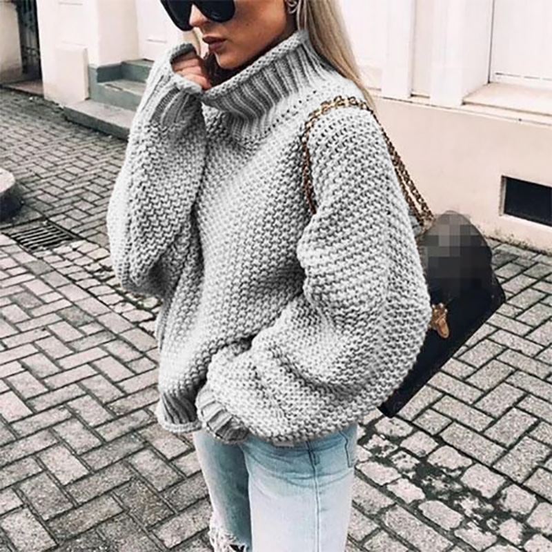 Suéter de punto grueso nuevo para mujer, estilo europeo y americano, otoño/invierno 2026, superventas en Amazon, con cuello alto y manga murciélago con borde enrollado.