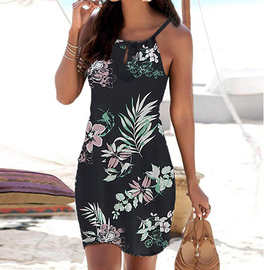 蒜米提爆款女士露背领波西米亚风印花无袖休闲迷你沙滩装连衣裙