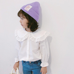 童裝女童白色娃娃領襯衫春秋季新款甜美女童純色花邊領開衫襯衣