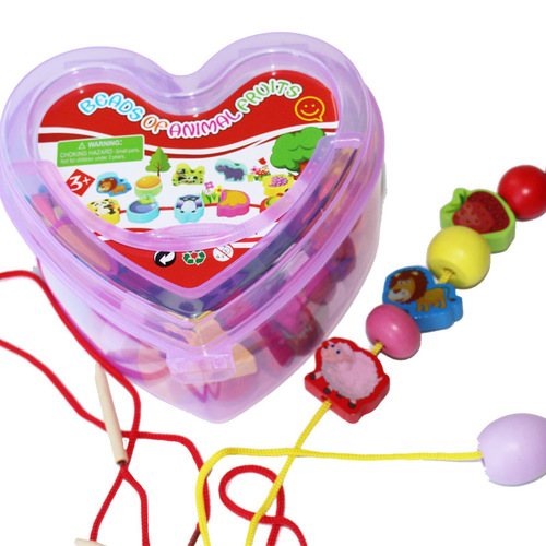Children's boxed educational toys, wooden number blocks, animal beads and strings, string music, heart-shaped strings