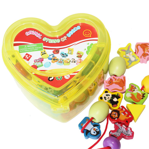 Children's boxed educational toys, wooden number blocks, animal beads and strings, string music, heart-shaped strings