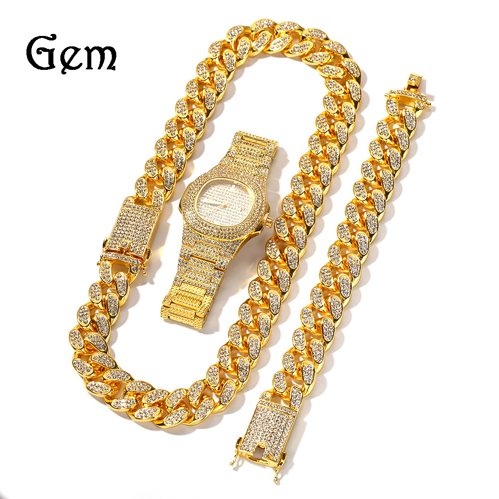 Cross-Border Hot Selling High-End Full Diamond Watch 20mm Exaggerated Domineering Men's Cuban Necklace Bracelet Set Wholesale