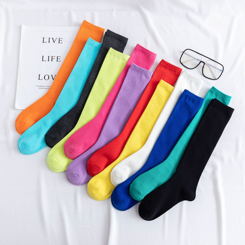 Korean Style Candy Color Solid Color All-Match Cuff Socks Simple Fashion Mid-Height Japanese Style Knee-High Socks Fashionable Women's Cotton Socks