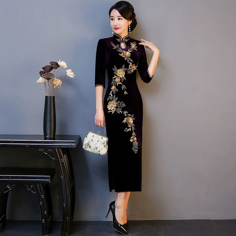 Бархат Cheongsam свадебное платье банкет среднего возраста женщин длинный плюс Размер мать-в-законе платье винтажное платье оптом