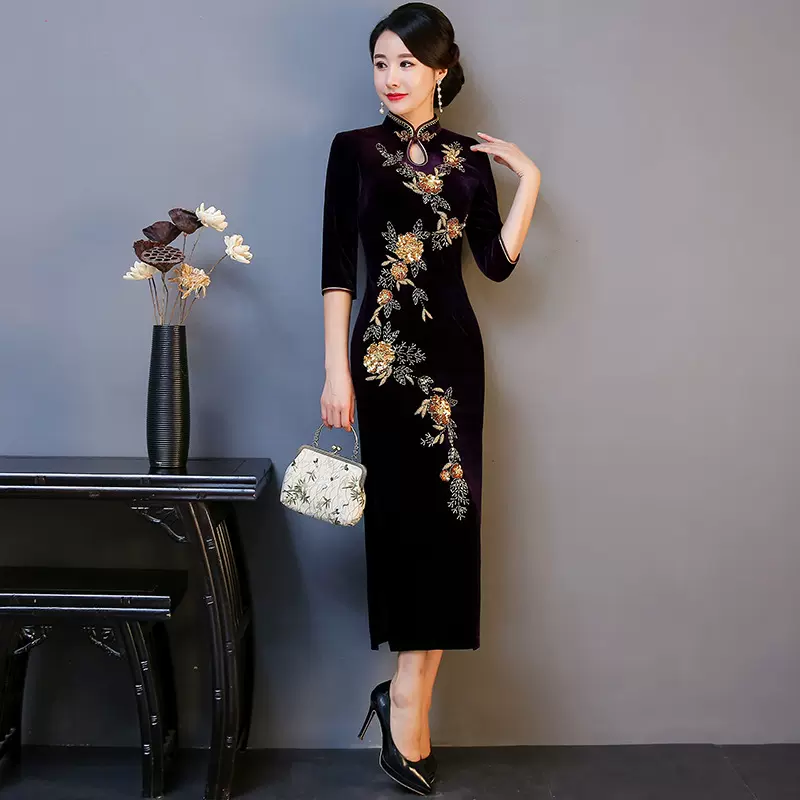 丝绒旗袍婚庆礼服宴会中年女装长款大码婆婆妈妈装复古连衣裙批发