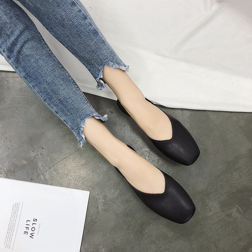 Flat single shoes for women 2024 spring new Korean version versatile shallow mouth retro grandma shoes square toe simple two-wear beanie shoes